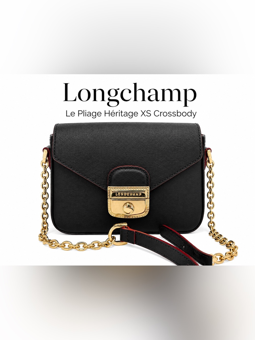 Longchamp Le Pliage Héritage XS Black Leather Chain Crossbody Bag Gold Hardware